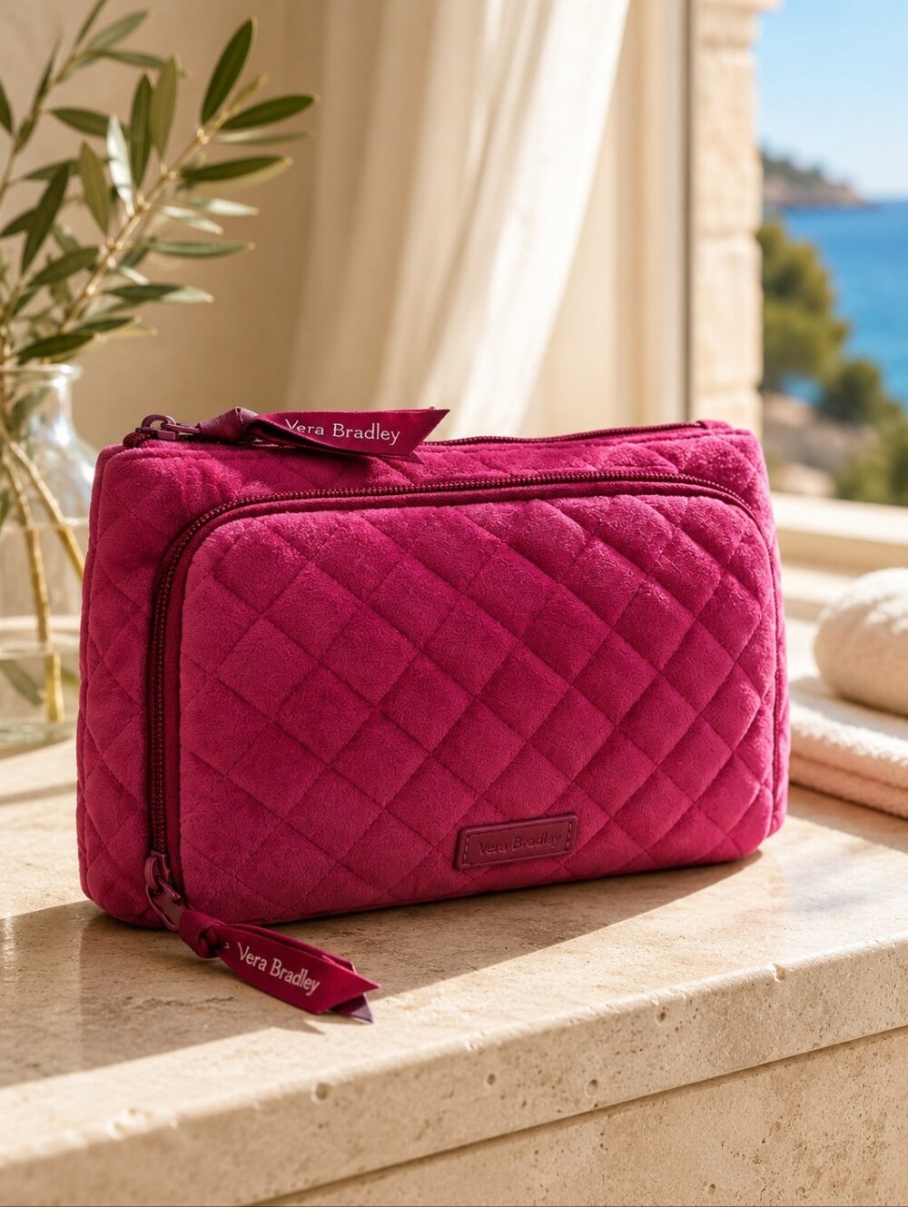 Vera Bradley Majestic Magenta Velvet Compact Organizer Cosmetic Bag